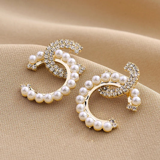 Delicate Mirco Inlaid Pearl Rhinestone Letter C-shaped Earrings Women Temperament Trendy Jewelry Gifts