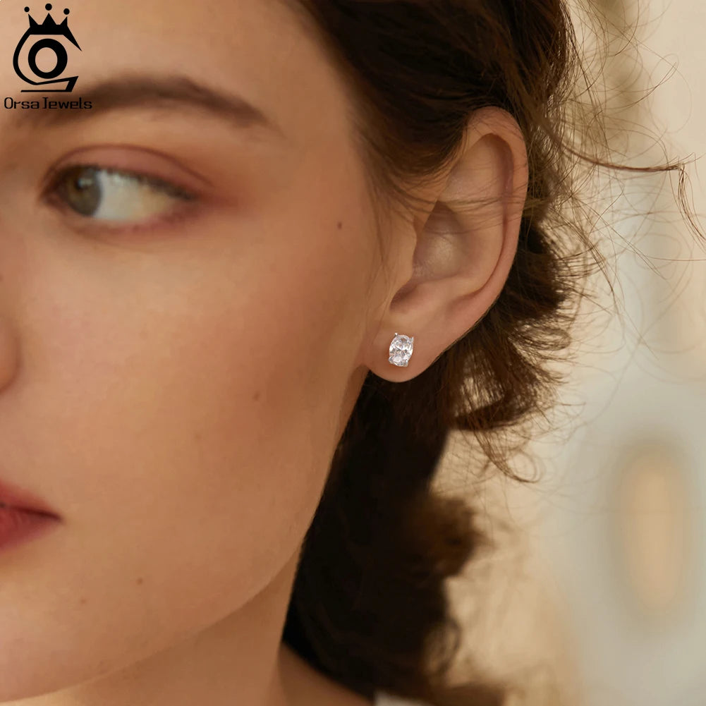 ORSA JEWELS 925 Sterling Silver Oval Zirconia Stud Earrings | 8A Premium Cubic Zirconia