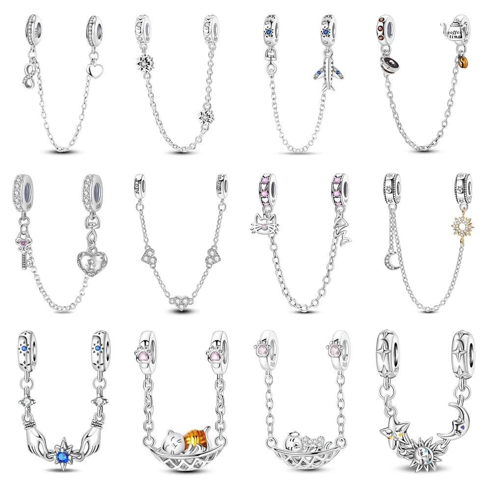 925 Sterling Silver Heart, Infinity & Triple Jewel Safety Chain Charm | Fits Pandora & Most Bracelets