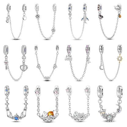 925 Sterling Silver Heart, Infinity & Triple Jewel Safety Chain Charm | Fits Pandora & Most Bracelets