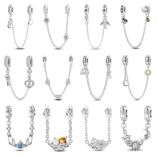 925 Sterling Silver Heart, Infinity & Triple Jewel Safety Chain Charm | Fits Pandora & Most Bracelets
