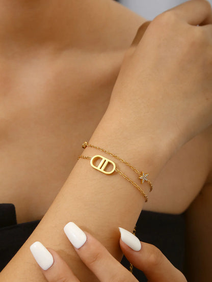 Popular Versatile Personality Temperament Stainless Steel 18K Gold-Plated Diamond Stars Letters CD Bracelet Female
