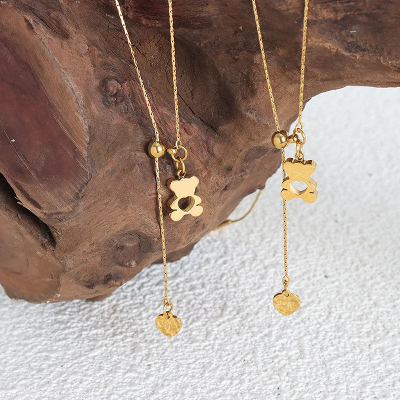 Hollow Bear Pendant Adjustable Necklace For Women 316L Stainless Steel Gold Plated Waterproof Women's Necklaces Girls Neck Chain
