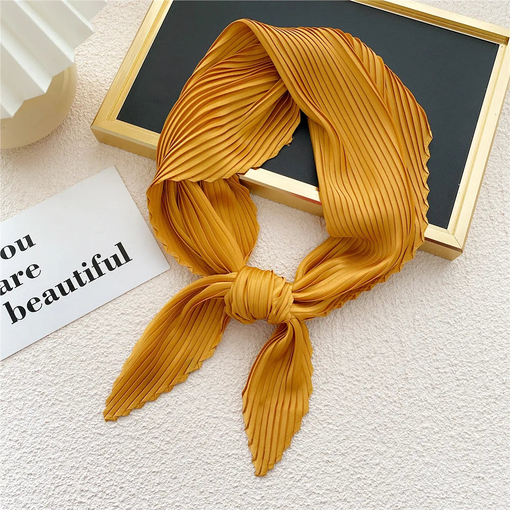 New Floral Print Pleated Silk Scarf Square Neck Scarves Crinkle Hair Bands Scarf Bandana Satin Hijab Head Wraps Neckerchief