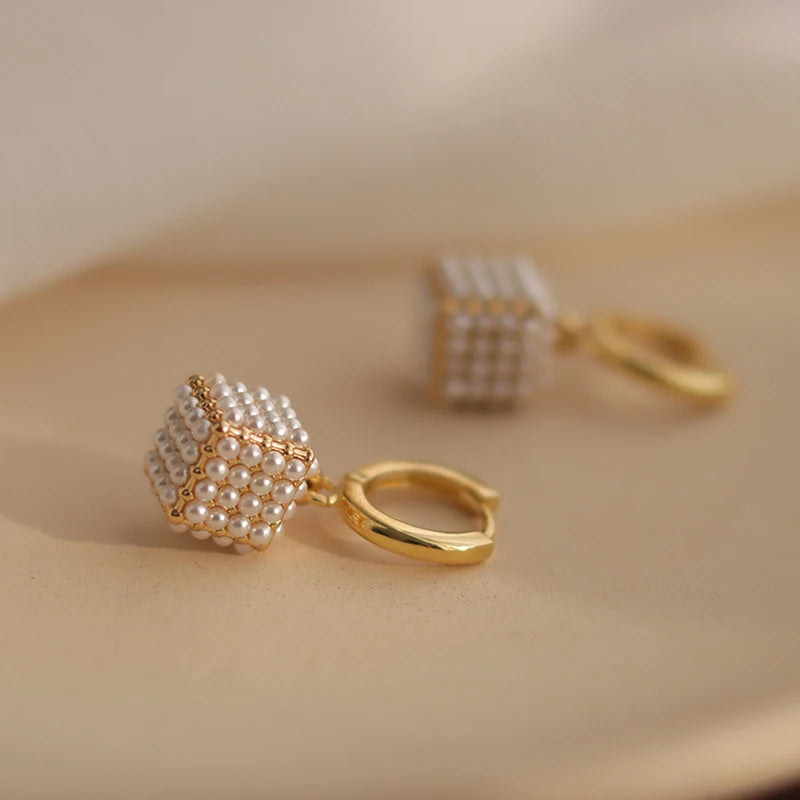 Premium Pearl Stereoscopic Square Drop Earrings — Gold Tone Luxury Fashion Jewelry