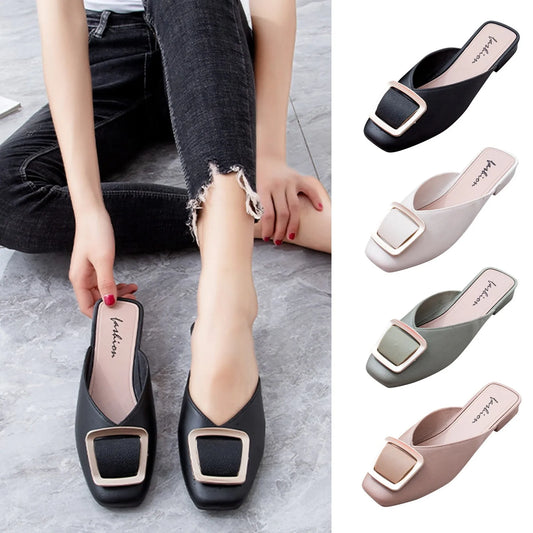 2025 Flat Retro Women Sandals Fashion Spring And Summer Solid Color Round Toe Shoes Non Slip Casual Simple Metal Women Shoes
