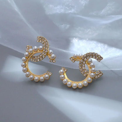 Delicate Mirco Inlaid Pearl Rhinestone Letter C-shaped Earrings Women Temperament Trendy Jewelry Gifts