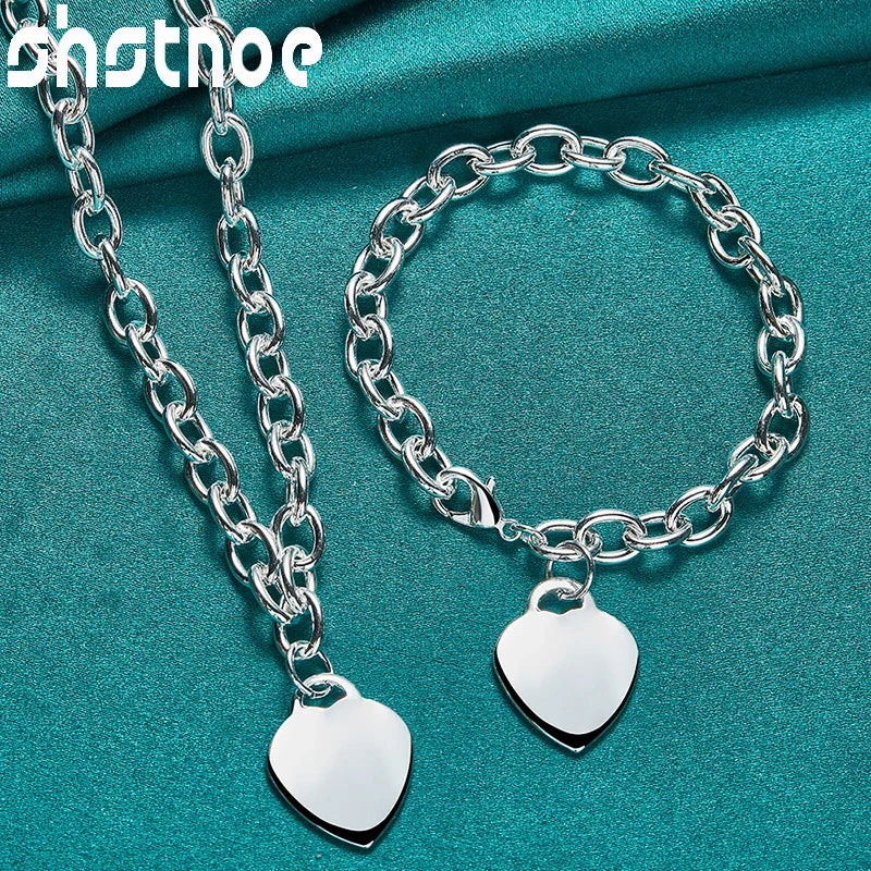 925 Sterling Silver Simple Heart Chain Necklace Bracelets Classic Fashion High Quality Jewelry Sets For Woman Party Wife Gifts