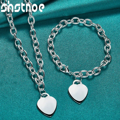 925 Sterling Silver Simple Heart Chain Necklace Bracelets Classic Fashion High Quality Jewelry Sets For Woman Party Wife Gifts