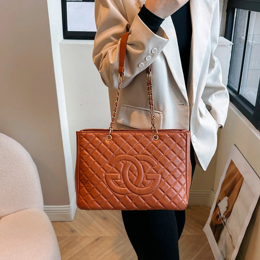 Designer Quilted Tote Bag - Fashion Letter Print Large Bag with Chain Strap