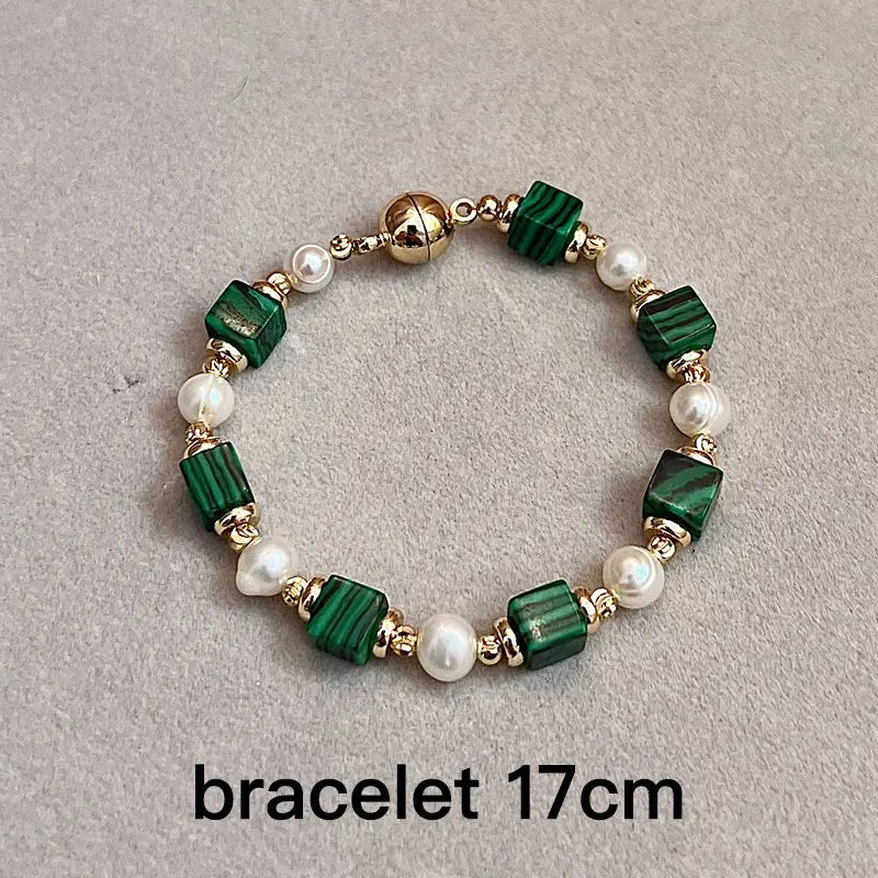 Natural Freshwater Pearl & Synthetic Malachite Jewelry | 14K Gold Plated Necklace, Bracelet & Earrings | Vintage Style