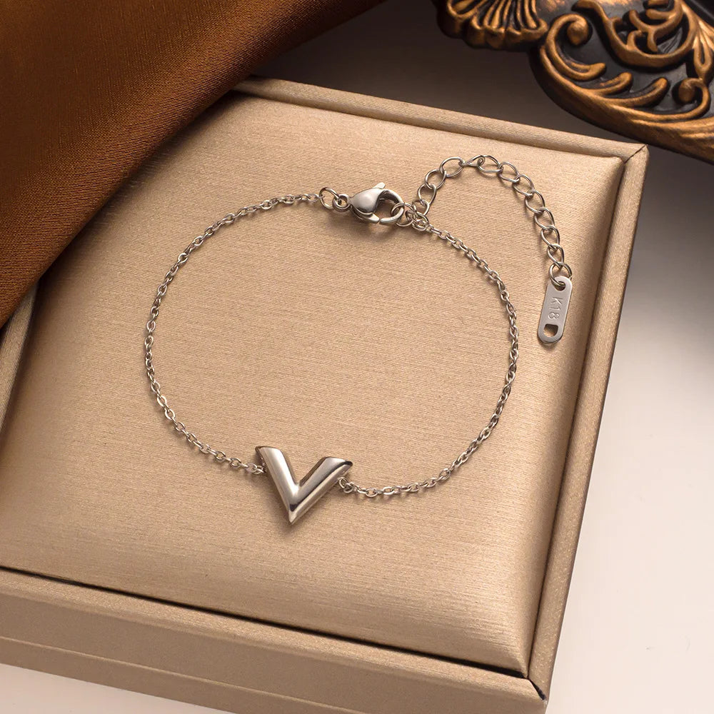 Stainless Steel Letter V Bracelets for Women Gold Color Alphabet Bangle Set Necklace Personality Pendant Design Gift for Friend
