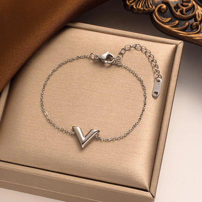 Stainless Steel Letter V Bracelets for Women Gold Color Alphabet Bangle Set Necklace Personality Pendant Design Gift for Friend