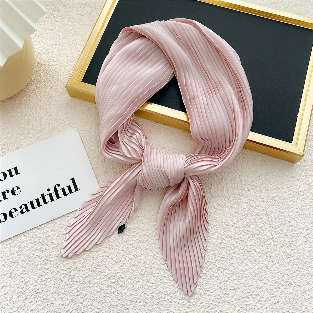 New Floral Print Pleated Silk Scarf Square Neck Scarves Crinkle Hair Bands Scarf Bandana Satin Hijab Head Wraps Neckerchief