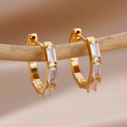 Shiny Zircon Circle Square Hoop Earrings for Women Gold Color Stainless Steel Earrings Luxury Christmas Jewelry Wedding aretes