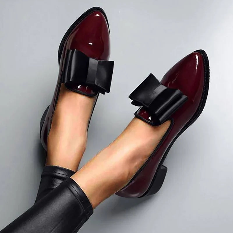 Women's Patent Leather Bow Loafers - Pointed Toe Flat Shoes