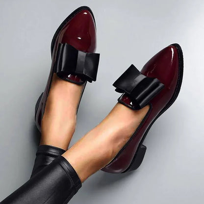 Women's Patent Leather Bow Loafers - Pointed Toe Flat Shoes