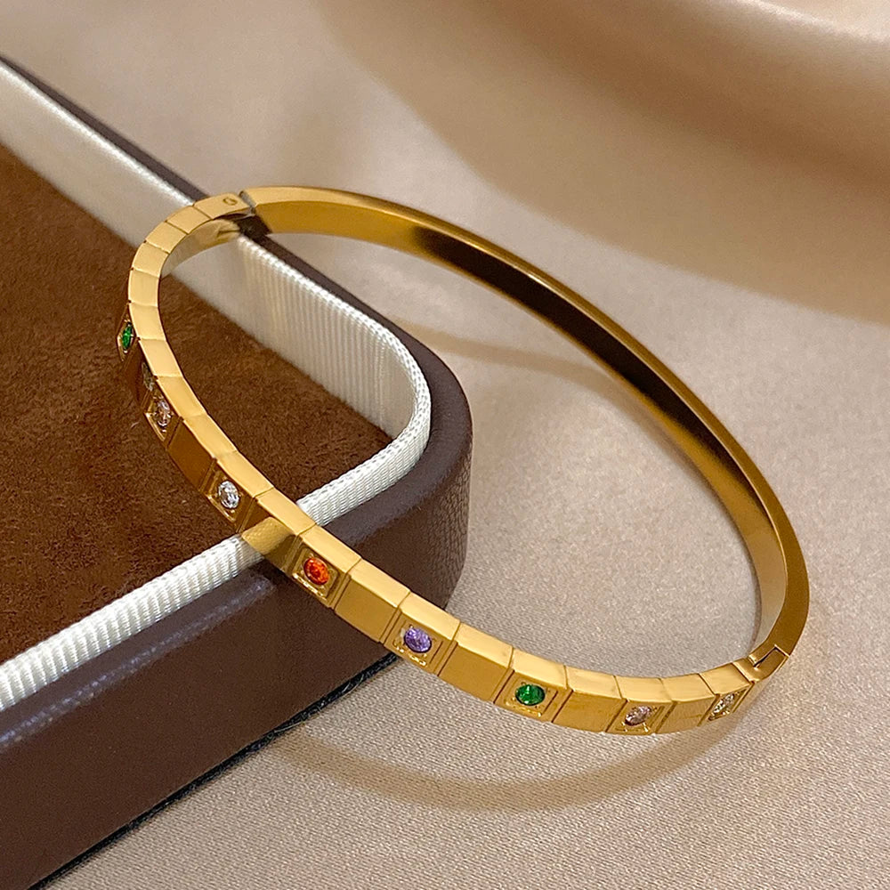 New Inlaid Square Small Colored Zircon Stainless Steel Bangle Bracelet for Women Luxury Gold Plated Cubic Zirconia Bracelets