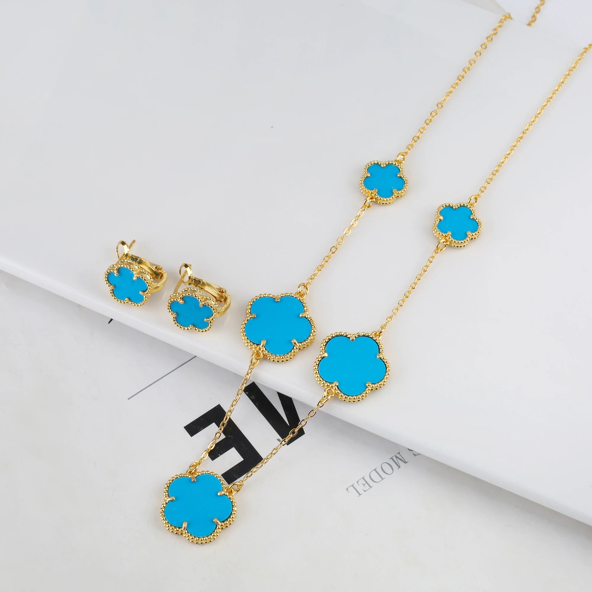 Plant Five Leaf Flower Double sided Plum Blossom Jewelry Set Necklace Earrings New Design Natural Stone Women High Quality Clove