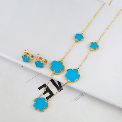 Plant Five Leaf Flower Double sided Plum Blossom Jewelry Set Necklace Earrings New Design Natural Stone Women High Quality Clove