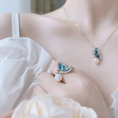 Natural Freshwater Pearl Butterfly & Abalone Shell Jewelry Set | Necklace, Ring & Earrings