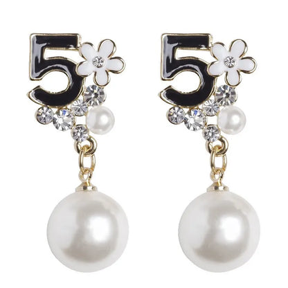 black rose pearl number 5 flower earrings enamel fashion camellia studs