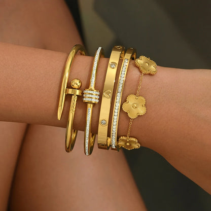 Stainless Steel Four-Leaf Clover Lucky Bracelet - Gold Nail Bangle
