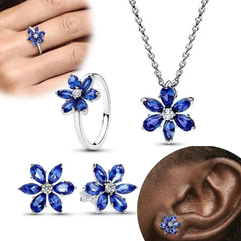 925 Sterling Silver Sparkling Blue Glass Flower Stud Earrings | Fine Jewelry Gift for Women