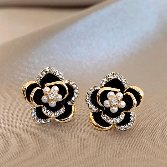 Dripping Zircon Pearl Flower Earrings for Women Trendy Stud Earrings Personality Commuter Inlaid Rhinestone Jewelry Women