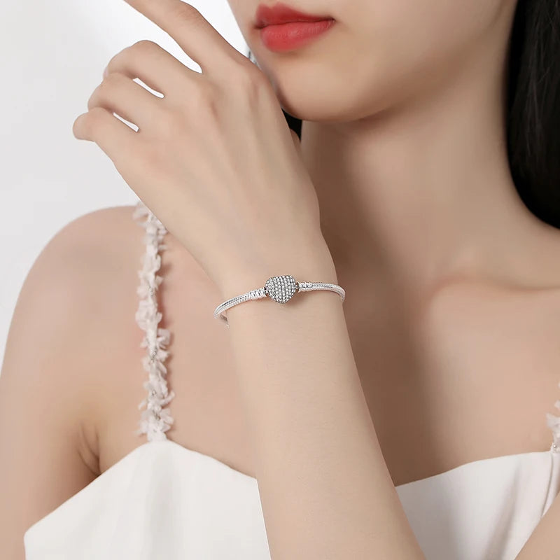 Original Sterling Silver Bracelet Love Heart Clasp Charms Beads Snake Chain Bracelets Bangles Luxury Jewelry For Women Gift