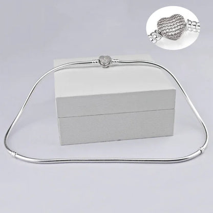 Heart Love 925 Sterlin Silver Snake Chain Necklace Secure Ball Clasp Beads Charms Chocker Necklace For Women Wedding DIY Jewelry