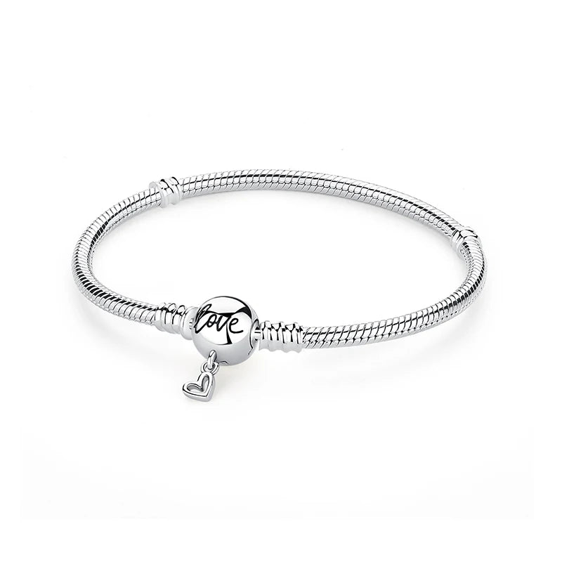 Original Sterling Silver Bracelet Love Heart Clasp Charms Beads Snake Chain Bracelets Bangles Luxury Jewelry For Women Gift