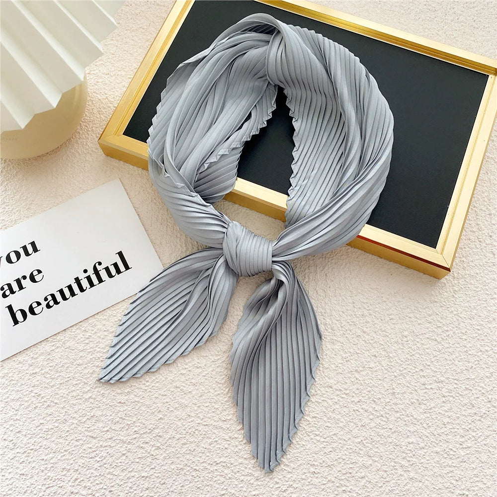 New Floral Print Pleated Silk Scarf Square Neck Scarves Crinkle Hair Bands Scarf Bandana Satin Hijab Head Wraps Neckerchief