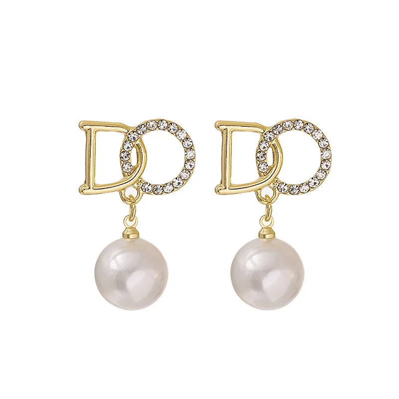 Rhinestone DO Letters Pearl Stud Earrings for Women — Luxury Party & Office Jewelry