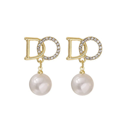 Rhinestone DO Letters Pearl Stud Earrings for Women — Luxury Party & Office Jewelry