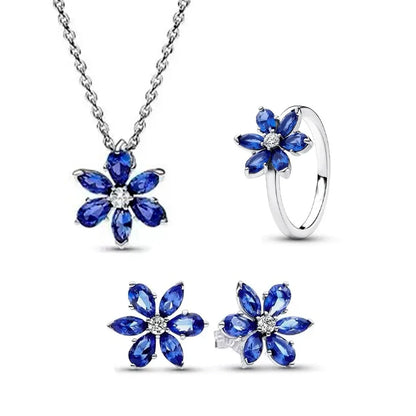 925 Sterling Silver Sparkling Blue Glass Flower Stud Earrings | Fine Jewelry Gift for Women