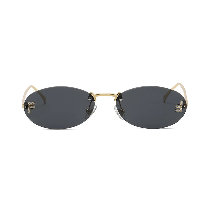 Fashion Rimless Sunglasses Women UV400 - Oval Elegant Diamond Retro Eyewear 3PCS Set