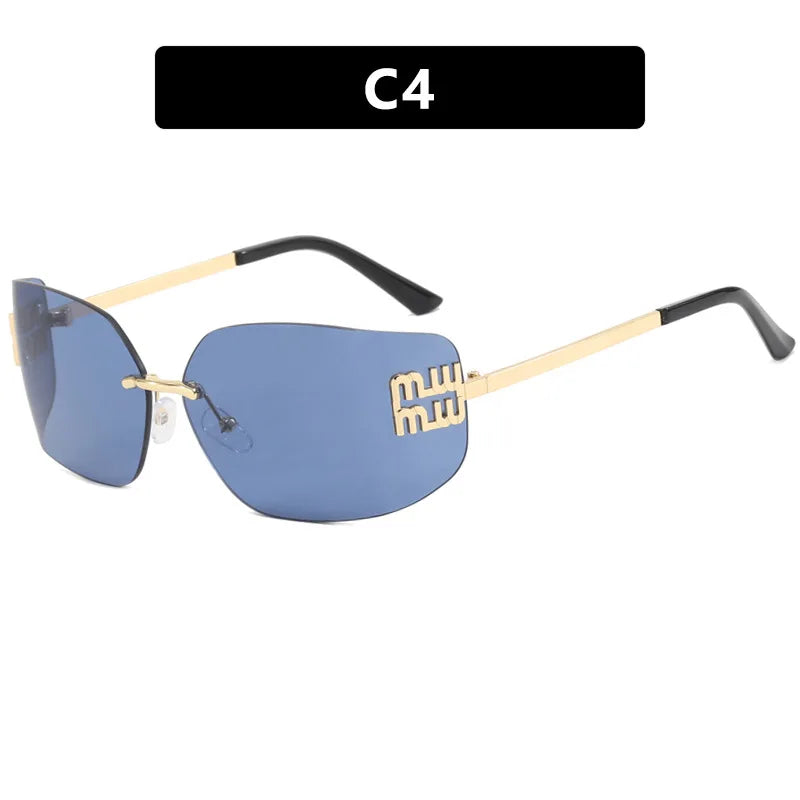 1pc Classic Sun Glasses Female Funky Metal Luxury Rimless Sunglasses Women BrandDesigner Rivets Rectangle Gradient Curved Shades