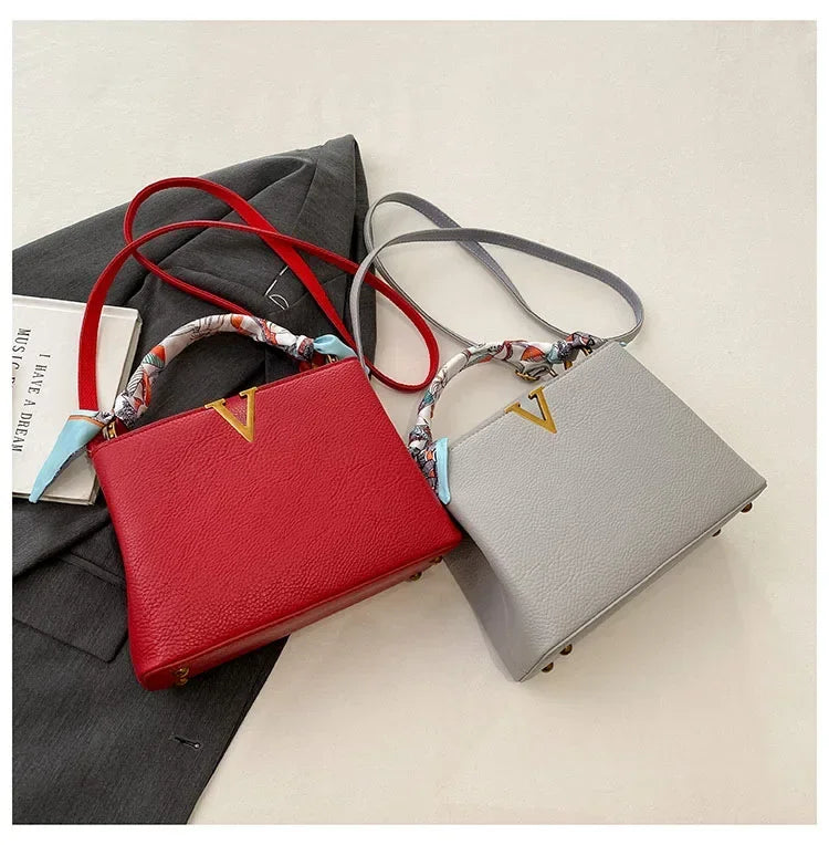 Luxury Ladies Crossbody Bag - Litchi Texture Leather with Silk Scarf