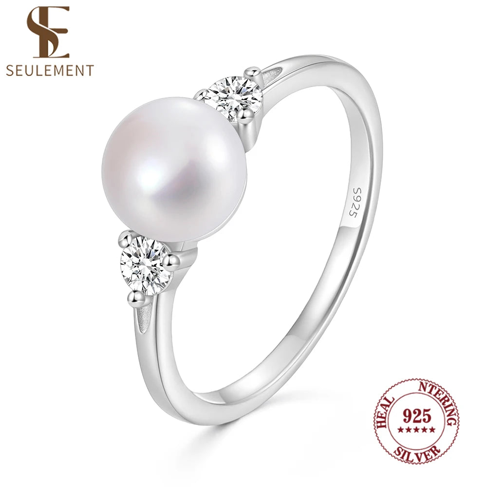 925 Sterling Silver Freshwater Pearl & Zircon Ring | Minimalist Wedding Band for Women