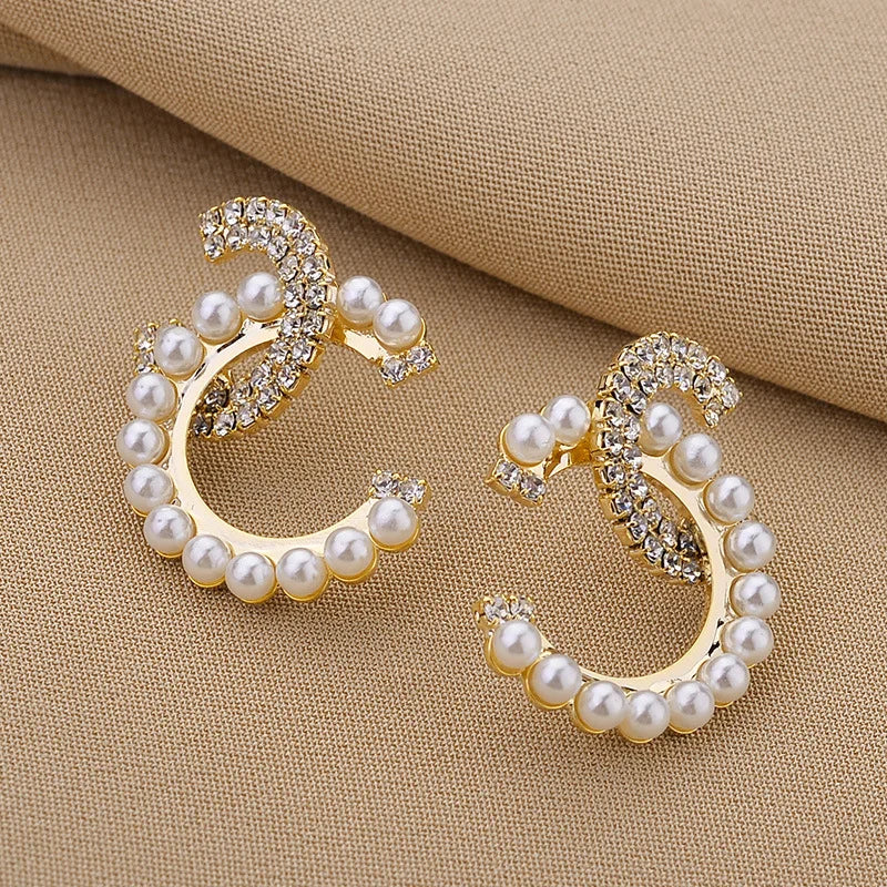 Delicate Mirco Inlaid Pearl Rhinestone Letter C-shaped Earrings Women Temperament Trendy Jewelry Gifts