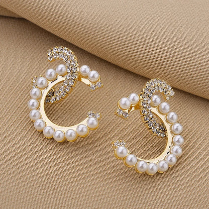 Delicate Mirco Inlaid Pearl Rhinestone Letter C-shaped Earrings Women Temperament Trendy Jewelry Gifts