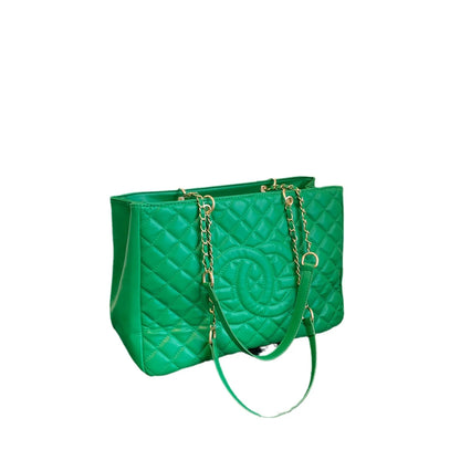 Designer Quilted Tote Bag - Fashion Letter Print Large Bag with Chain Strap