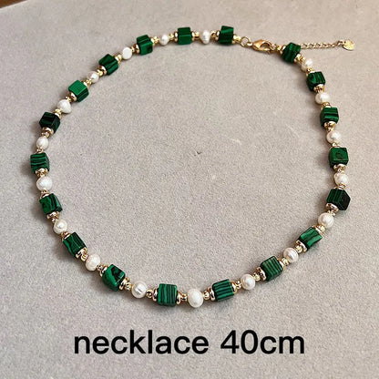 Natural Freshwater Pearl & Synthetic Malachite Jewelry | 14K Gold Plated Necklace, Bracelet & Earrings | Vintage Style
