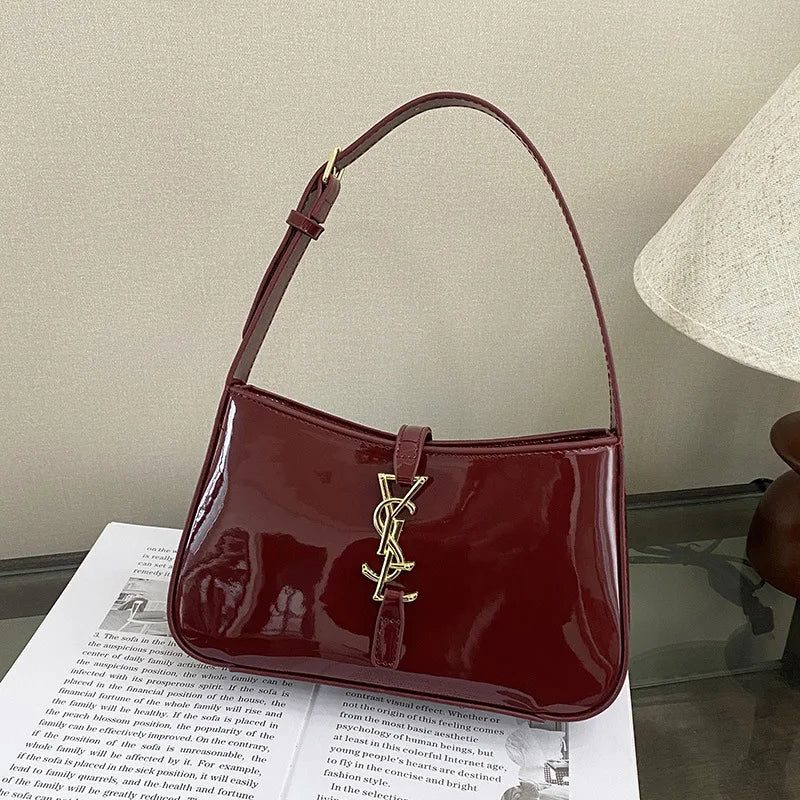 Glossy Leather Underarm Bag, Fashion Shoulder Purse for Women, Versatile Top Handle Tote Chic  Minimalist Crossbody Bag