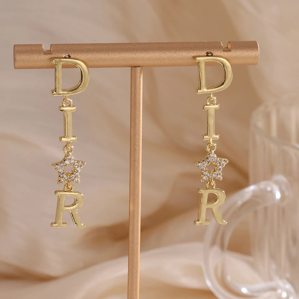 ZAKOL Fashion Dear-Letter Long Dangle Earrings for Women Shiny Zircon Hollow Stars Wedding Party Jewelry