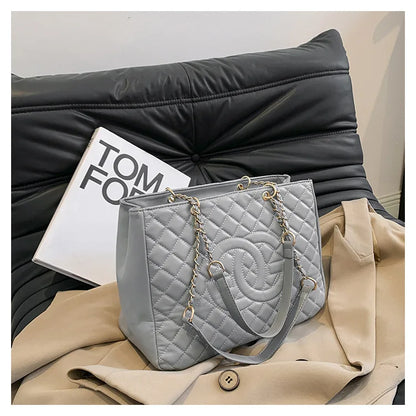 Designer Quilted Tote Bag - Fashion Letter Print Large Bag with Chain Strap