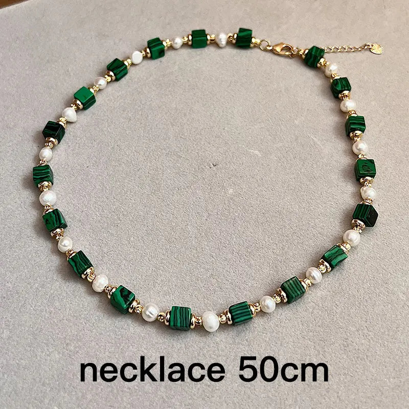 Natural Freshwater Pearl & Synthetic Malachite Jewelry | 14K Gold Plated Necklace, Bracelet & Earrings | Vintage Style
