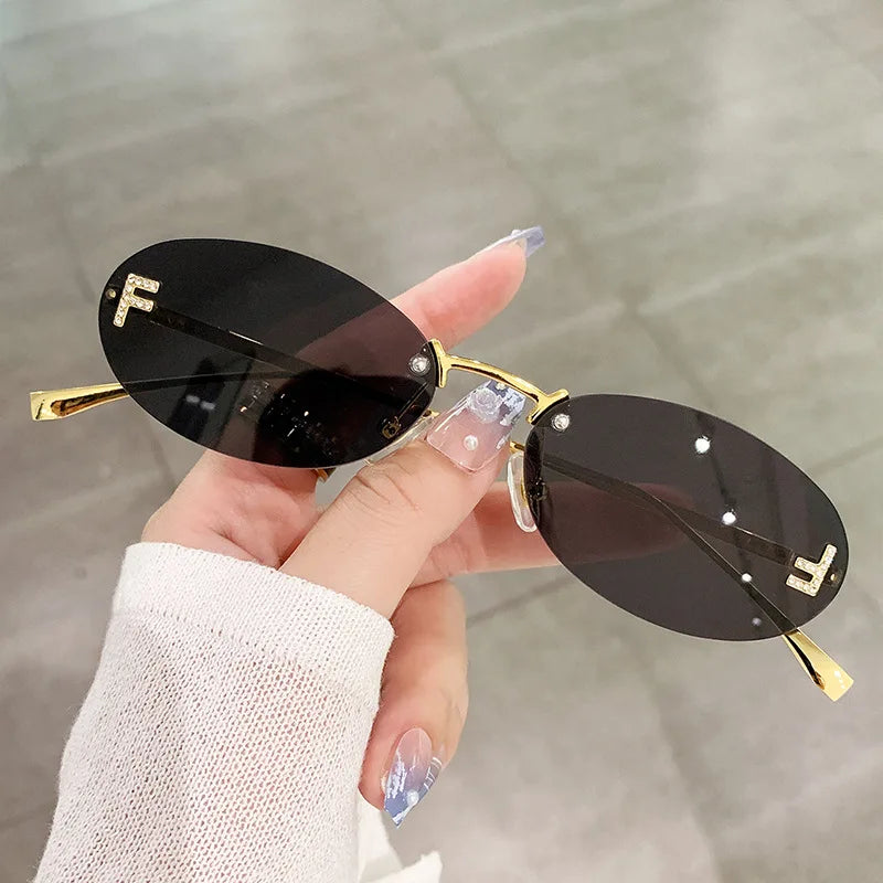 Fashion Rimless Sunglasses Women UV400 - Oval Elegant Diamond Retro Eyewear 3PCS Set