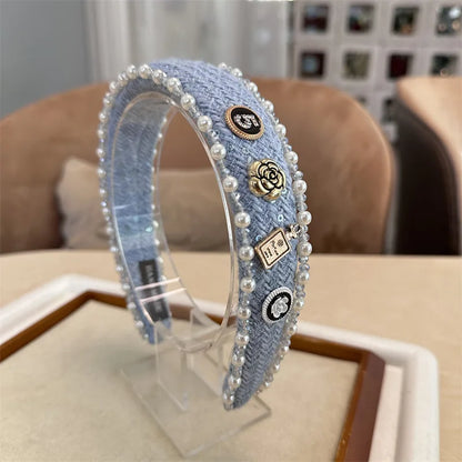 Exquisite Crystal Ball Pearl Number 5 Letter Camellia Headband Women Hair Accessories France Pearl Beaded Hairhoops Headwears